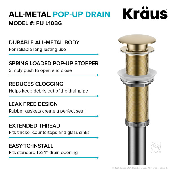Kraus PU-L10 Bathroom Sink Pop-Up Drain with Extended Thread