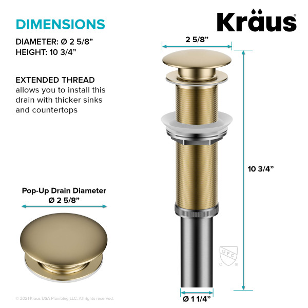 Kraus PU-L10 Bathroom Sink Pop-Up Drain with Extended Thread