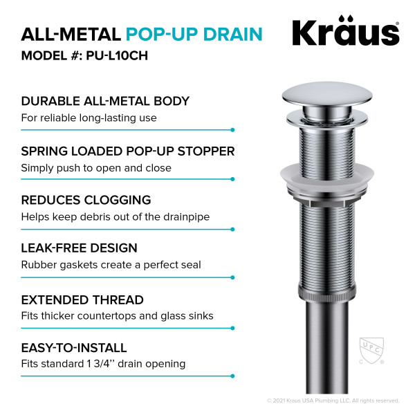 Kraus PU-L10 Bathroom Sink Pop-Up Drain with Extended Thread
