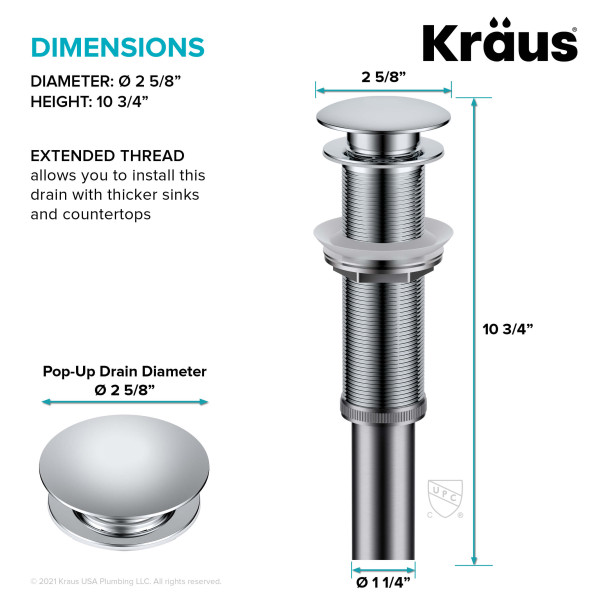 Kraus PU-L10 Bathroom Sink Pop-Up Drain with Extended Thread