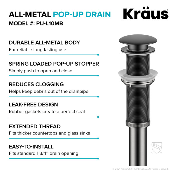 Kraus PU-L10 Bathroom Sink Pop-Up Drain with Extended Thread