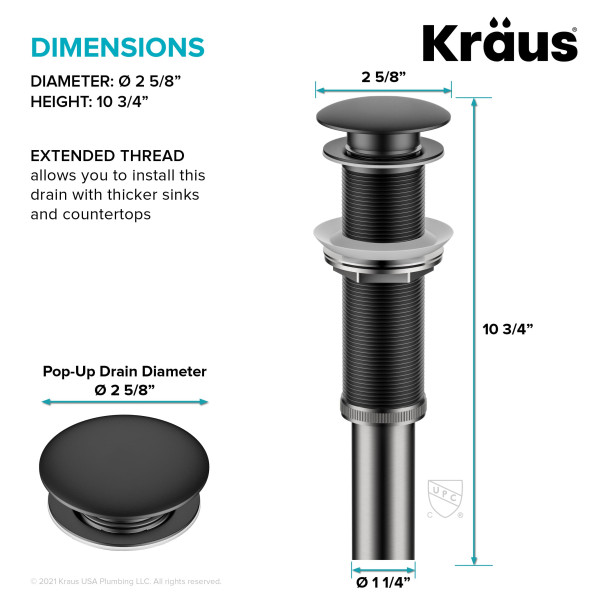 Kraus PU-L10 Bathroom Sink Pop-Up Drain with Extended Thread