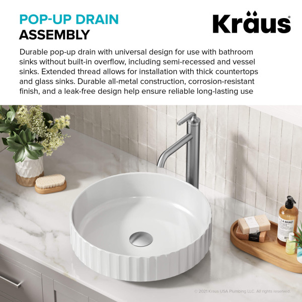 KRAUS PU-L10SFS Sink Pop-Up Drain Extended Thread No Overflow in Stainless Steel