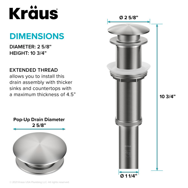 KRAUS PU-L10SFS Sink Pop-Up Drain Extended Thread No Overflow in Stainless Steel