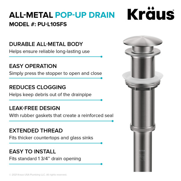 KRAUS PU-L10SFS Sink Pop-Up Drain Extended Thread No Overflow in Stainless Steel