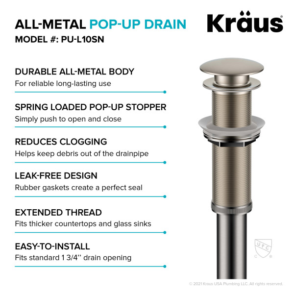 Kraus PU-L10 Bathroom Sink Pop-Up Drain with Extended Thread
