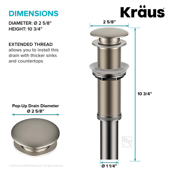 Kraus PU-L10 Bathroom Sink Pop-Up Drain with Extended Thread