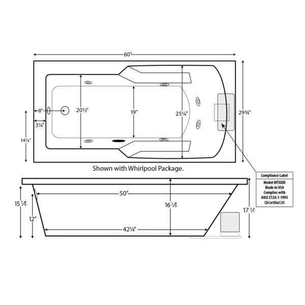 Reliance R6030ERRW 60 Inch Rectangular End Drain Whirlpool