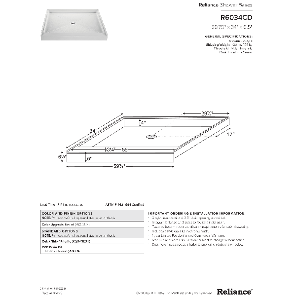 Reliance R6034CD - W 59.75x34" Rectangular Shower Base with Center Drain