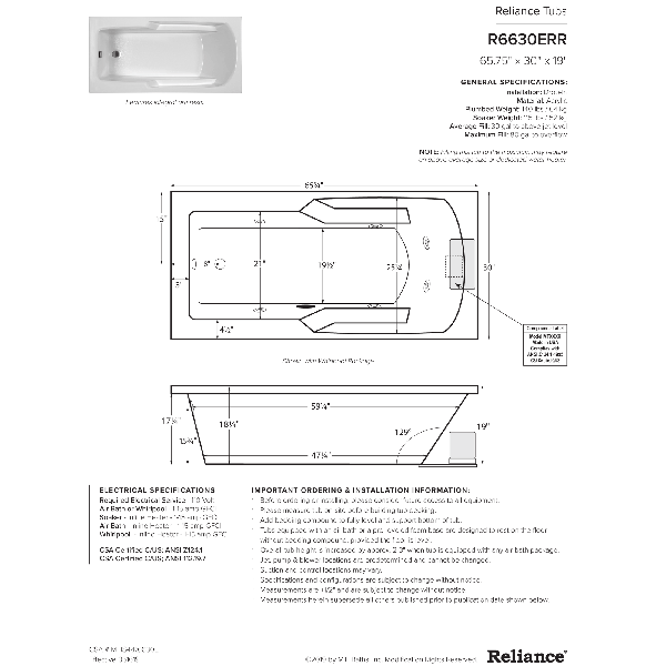 Reliance R6630ERRW Rectangular End Drain Drop In Whirlpool Bathtub