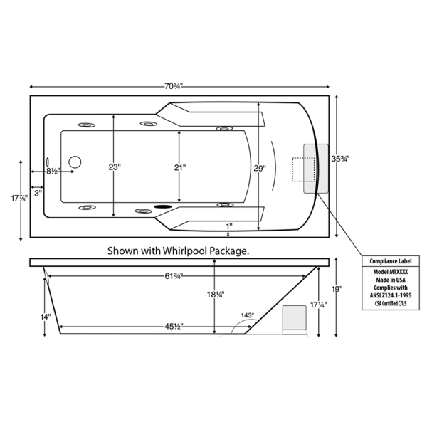 Reliance R7136ERRW 70 Inch Rectangular End Drain Whirlpool Bath