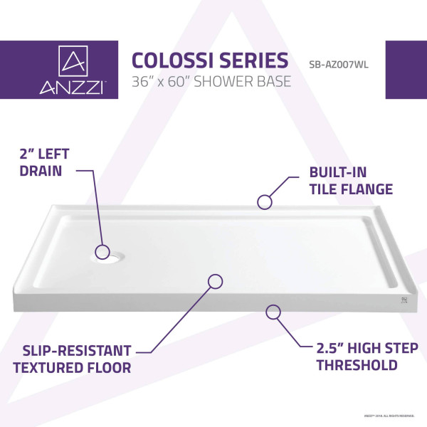 Anzzi SB-AZ007WL Colossi Series 60 in. x 36 in. Shower Base in White