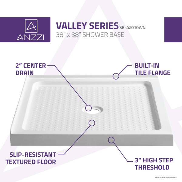 Anzzi SB-AZ010WN Valley Series 38 in. x 38 in. Shower Base in White