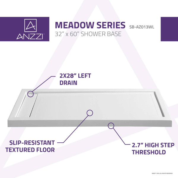 Anzzi SB-AZ013WL Meadow Series 60 in. x 32 in. Shower Base in White