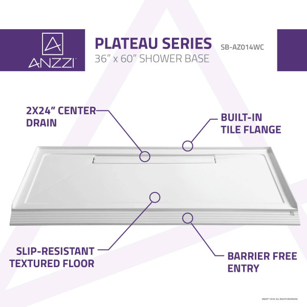 Anzzi SB-AZ014WC Plateau Series 60 in. x 36 in. Shower Base in White