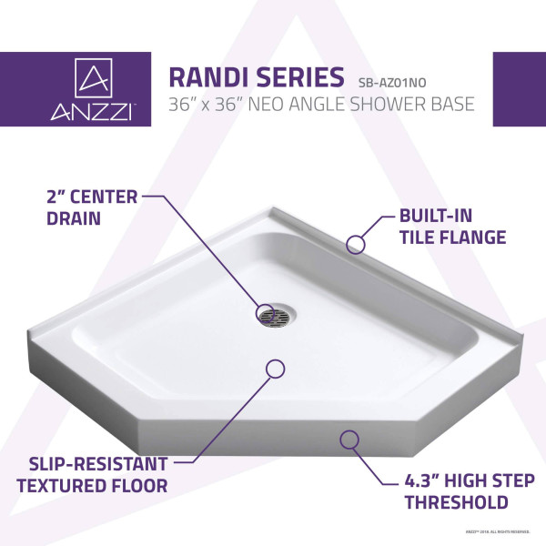 Anzzi SB-AZ01NO Randi 36x36" White Neo-Angle Double Threshold Shower Base