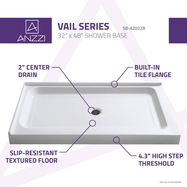 Anzzi SB-AZ022R Vail 36 x 48 in. Double Threshold Shower Base in White