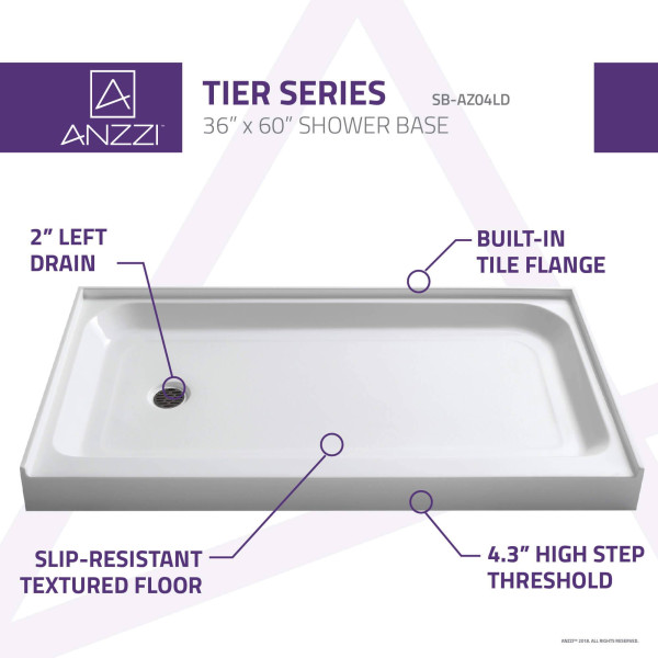 Anzzi SB-AZ04LD Tier 36x60" Left Drain Single White Threshold Shower Base