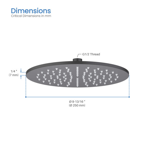 KIBI SH1002MB Circular 10" Metal Thin Profile Rain Shower Head 1.75 GPM