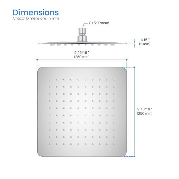 KIBI SH1003CH Cube 10" Metal Ultra Thin Profile Rain Shower Head 1.75 GPM