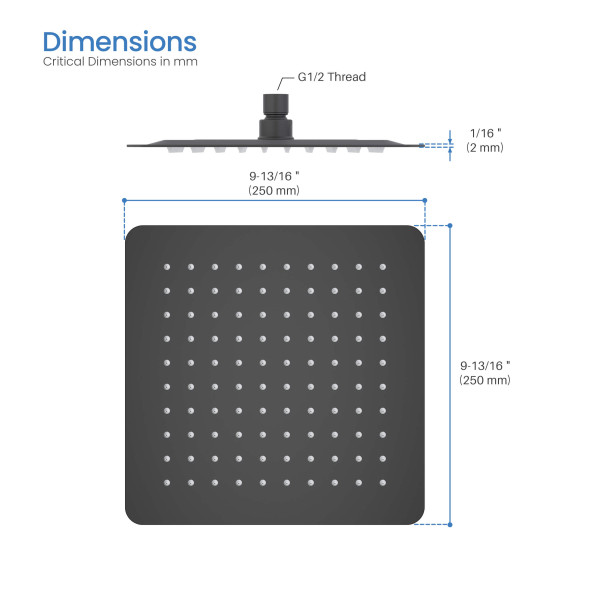KIBI SH1003MB Cube 10" Metal Ultra Thin Profile Rain Shower Head 1.75 GPM