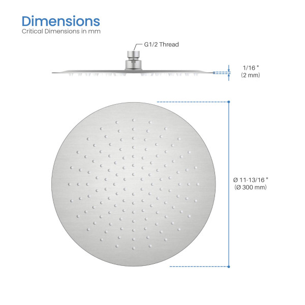 KIBI SH1201BN Circular 12" Metal Ultra Thin Profile Rain Shower Head 1.75 GPM
