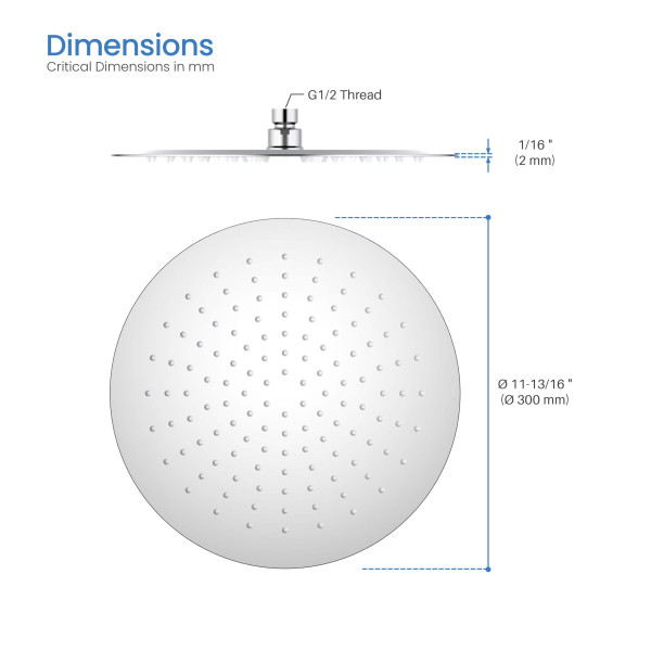 KIBI SH1201CH Circular 12" Metal Ultra Thin Profile Rain Shower Head 1.75 GPM