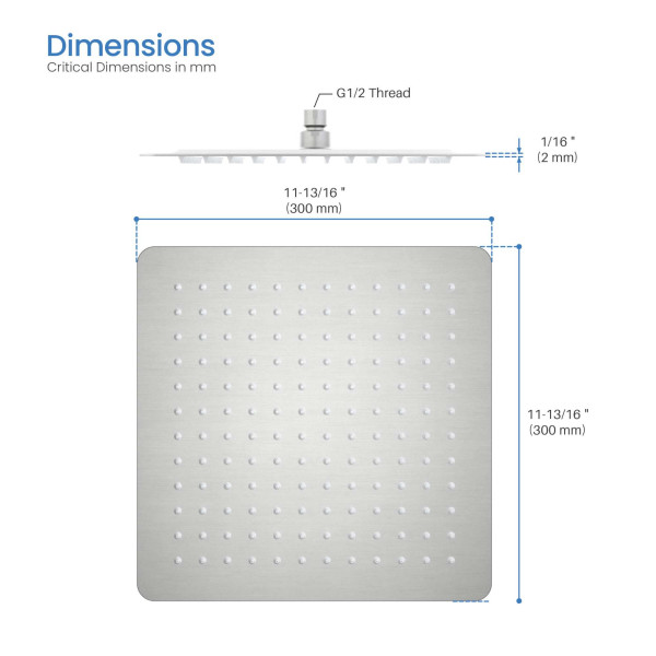 KIBI SH1202BN Cube 12" Metal Ultra Thin Profile Rain Shower Head 1.75 GPM