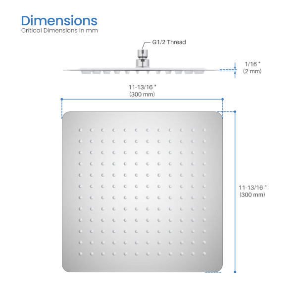 KIBI SH1202CH Cube 12" Metal Ultra Thin Profile Rain Shower Head 1.75 GPM