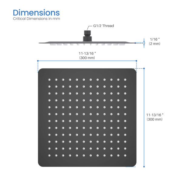 KIBI SH1202MB Cube 12" Metal Ultra Thin Profile Rain Shower Head 1.75 GPM