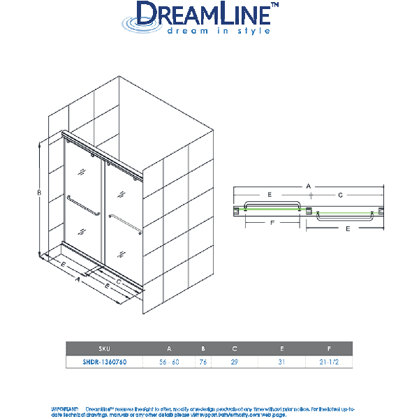 DreamLine SHDR-1360760 56 - 60 in. W x 76 in. H Clear Glass Shower Door