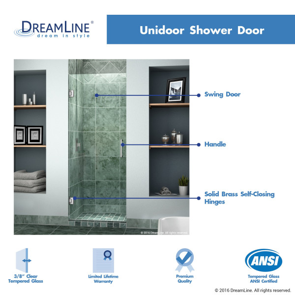 DreamLine SHDR-20307210F-01 Chrome 30x72" Frameless Clear Glass Shower Door
