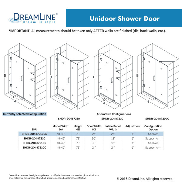 DreamLine SHDR-20487210CS-04 Brushed Nickel 48-49" Shower Door W/ Shelves