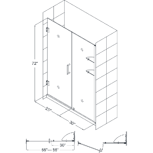 DreamLine SHDR-20557210S Unidoor Frameless 55-56" Shower Door W/ Shelves