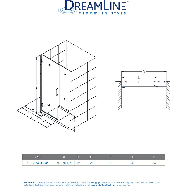 DreamLine SHDR-24303036 Unidoor Plus 60 - 60 1/2 in. W Hinged Shower Door