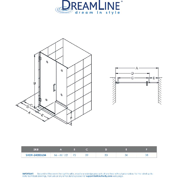 DreamLine SHDR-24303634 Unidoor Plus 66" - 66 1/2" W x 72" H Hinged Shower Door