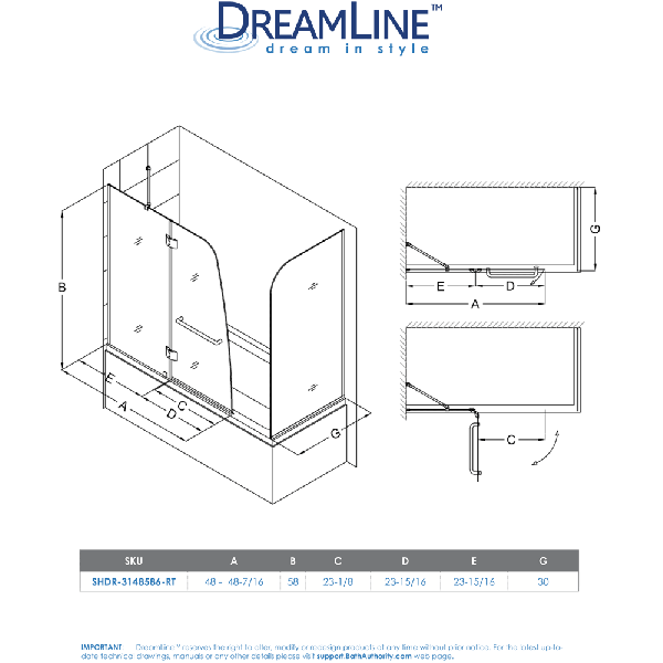 DreamLine SHDR-3148586-RT Aqua 56 to 60 x 58 Inch Hinged Tub Door