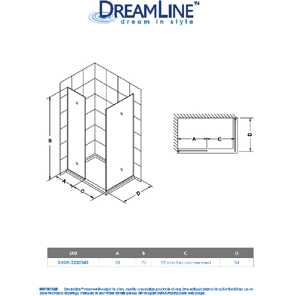 DreamLine SHDR-3230342 Linea Two Glass Panels 34 x 72 and 30 x 72 Shower Door