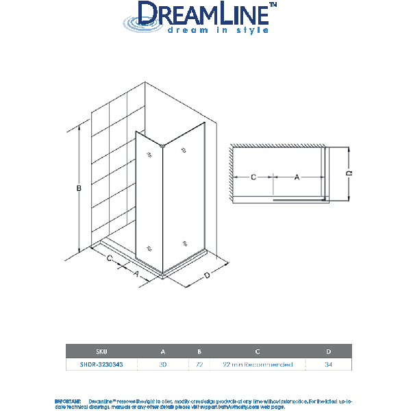DreamLine SHDR-3230343 Linea Two Attached Glass Panels Frameless Shower Door