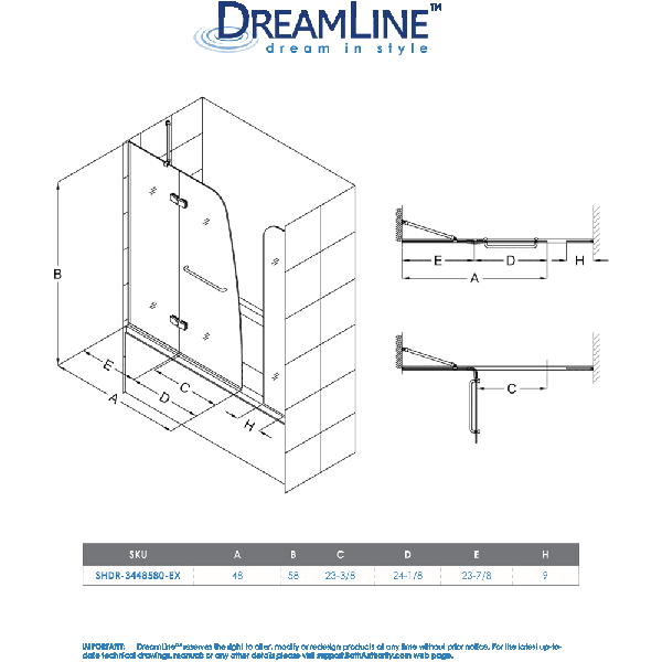 DreamLine SHDR-3448580-EX Aqua Ultra 57 to 60 x 58" Hinged Tub Door