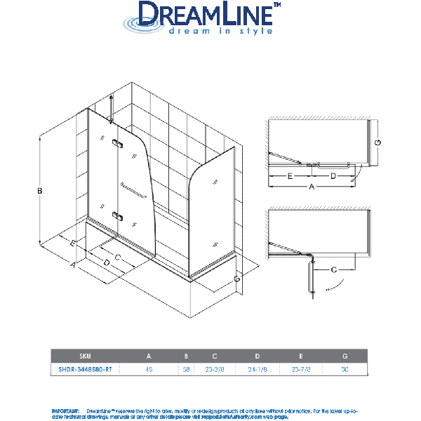 DreamLine SHDR-3448580-RT Aqua Ultra 57 to 60 x 30 D x 58" Hinged Tub Door