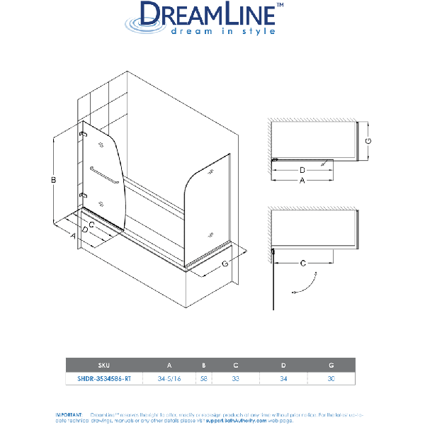 DreamLine SHDR-3534586-RT Aqua Uno 56 to 60 x 30 x 58" Hinged Tub Door