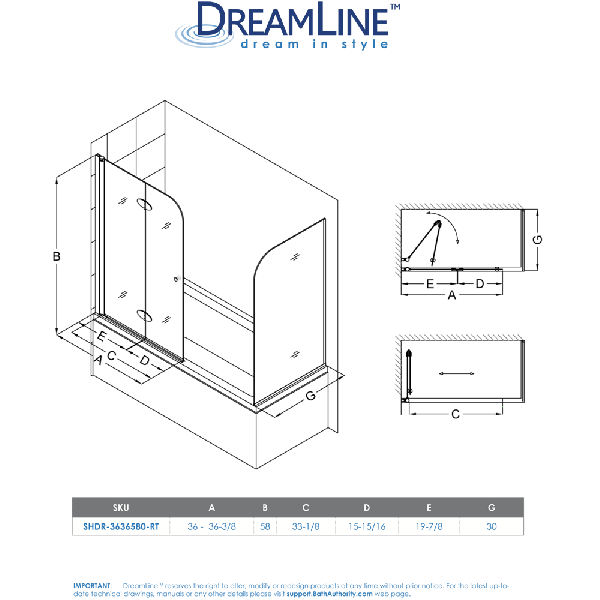 DreamLine SHDR-3636580-RT-01 Aqua Fold 56 to 60 in. W x 30 in. D Hinged Tub Door