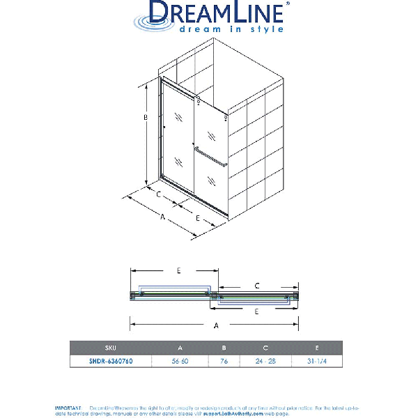 DreamLine SHDR-6360760 Essence 56 to 60 in. Frameless Bypass Shower Door