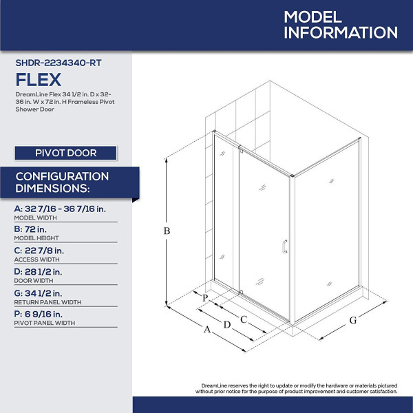 DreamLine SHDR2234340RT04 Flex Semi-Frameless Pivot Shower Enclosure