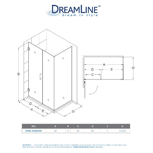 DreamLine SHEN-24320340 Unidoor Plus 32 in. W x 34-3/8 in. D Shower Enclosure