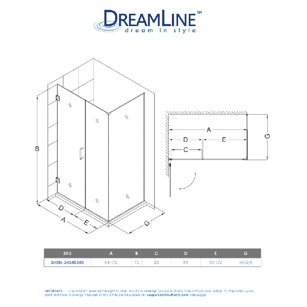 DreamLine SHEN-24545340 Unidoor Plus 54-1/2" x 34-3/8" D Hinged Shower Enclosure