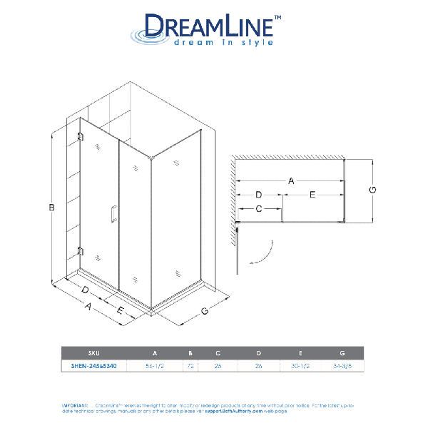 DreamLine SHEN-24565340 Unidoor Plus 56-1/2 in. W x 34-3/8" D Shower Enclosure
