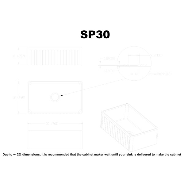 Empire SP30G 30 x 18 Inch Fluted Edge Front Fireclay Farmhouse Single Bowl Kitchen Sink and Grid