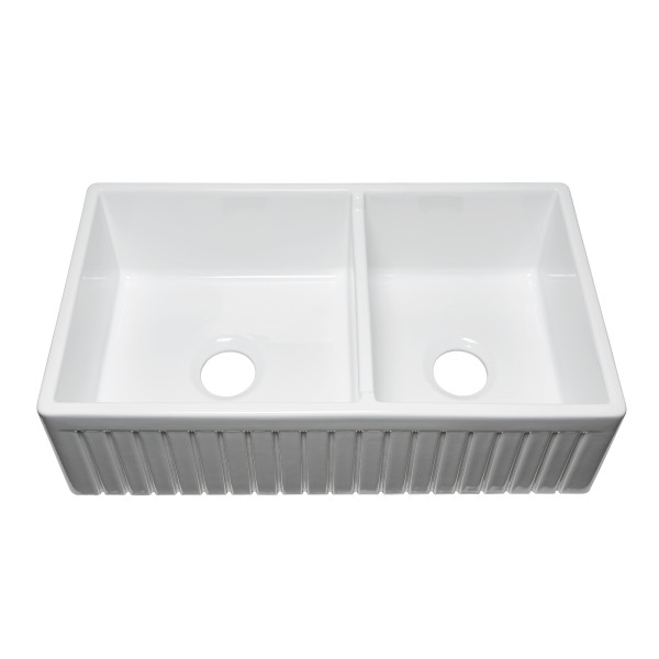 Empire SP33DG 33 x 18 Inch Fluted Edge Front Fireclay Farmhouse Double Bowl Kitchen Sink and Grid